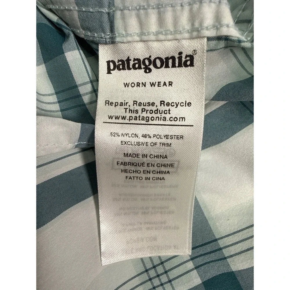 Patagonia Mens XXL Plaid Short Sleeve‎ Button Up Shirt Teal White Zipper Pockets